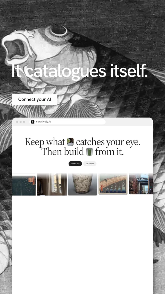 Instagram story for Curatively: "It catalogues itself." Swiss style, browser layout, light palette in white, black, grey.
