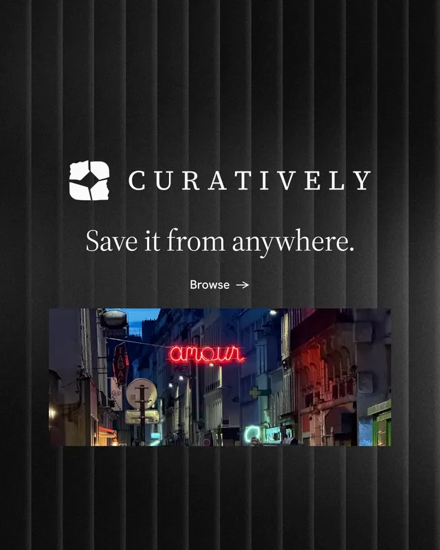 Instagram portrait post for Curatively: "Save it from anywhere." Minimal luxury style, logo hero layout, dark palette in black, grey.