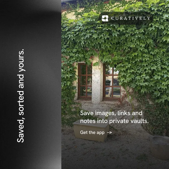 Instagram post for Curatively: "Saved, sorted and yours." Minimal luxury style, vertical layout, dark palette in black, grey.