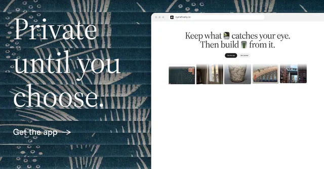 Social ad for Curatively: "Private until you choose." Minimal luxury style, browser layout, light palette in white, blue, grey.
