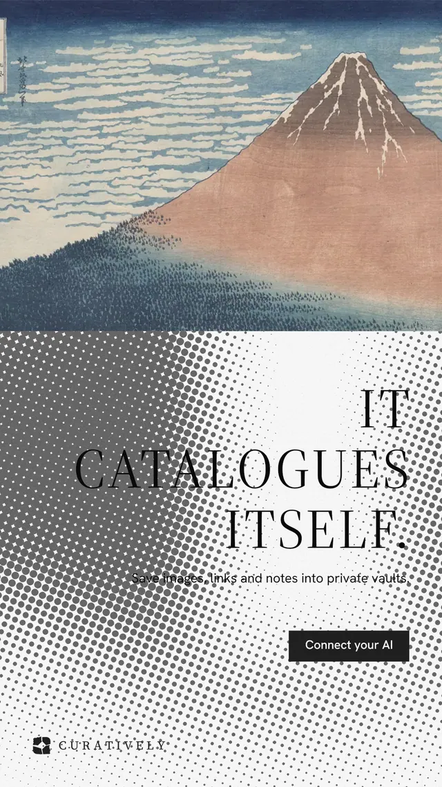 Instagram story for Curatively: "It catalogues itself." Split block style, right layout, light palette in grey, white.