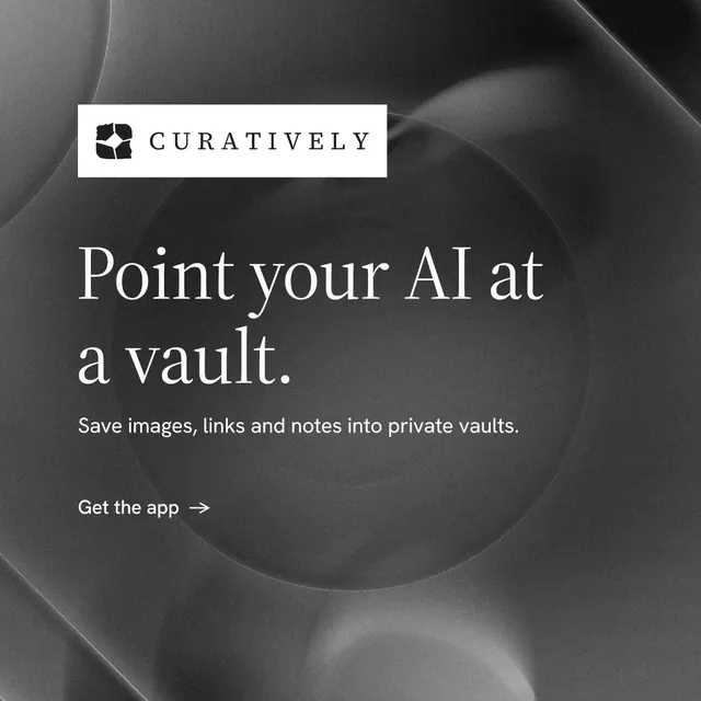 Instagram post for Curatively: "Point your AI at a vault." Minimal luxury style, announce layout, dark palette in black, grey.