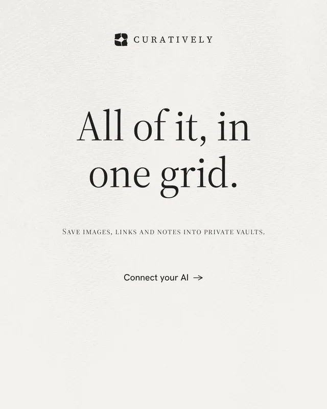 Instagram portrait post for Curatively: "All of it, in one grid." Minimal luxury style, smallcaps layout, light palette in white.
