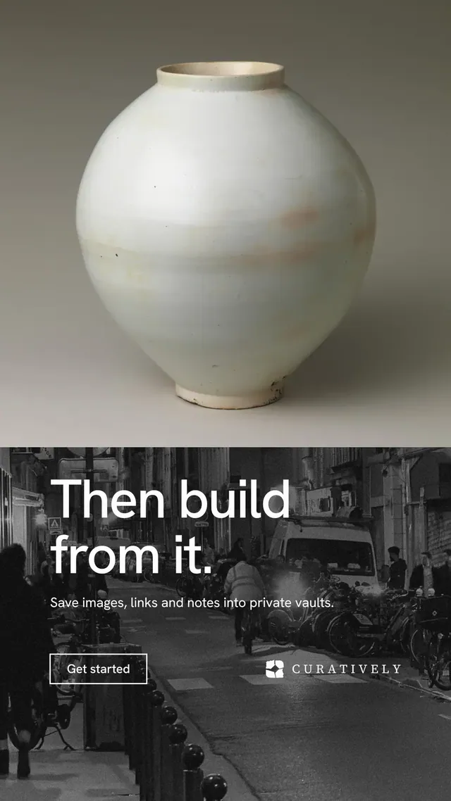 Instagram story for Curatively: "Then build from it." Editorial style, bottom layout, dark palette in grey, black.