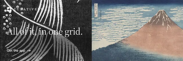 X header for Curatively: "All of it, in one grid." Minimal luxury style, bottom layout, light palette in black, grey.