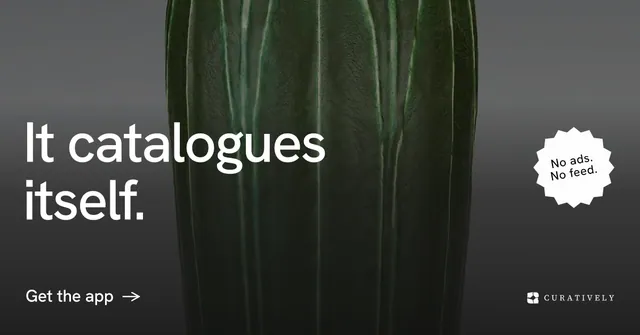 Social ad for Curatively: "It catalogues itself." Minimal luxury style, sticker layout, dark palette in black, grey.