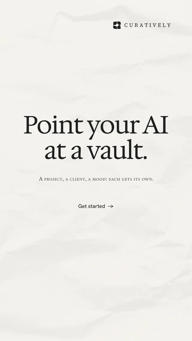 Instagram story for Curatively: "Point your AI at a vault." Minimal luxury style, smallcaps layout, light palette in white.