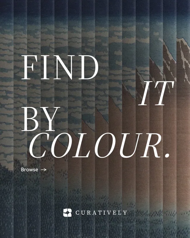 Instagram portrait post for Curatively: "Find it by colour." Minimal luxury style, stacked layout, dark palette in black, grey.