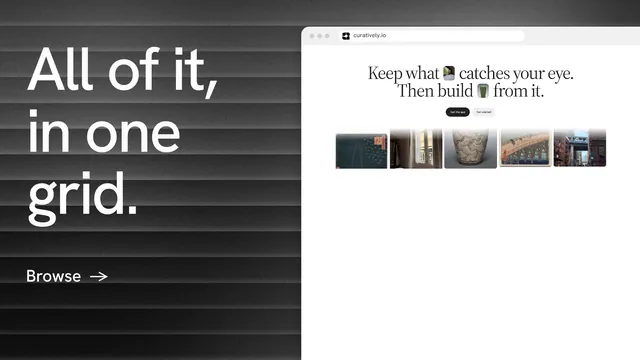 Landscape graphic for Curatively: "All of it, in one grid." Minimal luxury style, browser layout, light palette in white, grey, black.