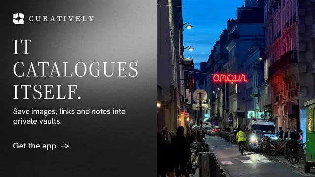 Landscape graphic for Curatively: "It catalogues itself." Minimal luxury style, bottom layout, dark palette in grey, black.