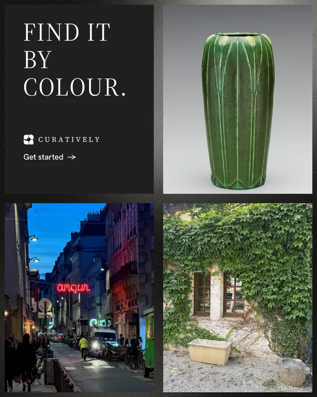 Instagram portrait post for Curatively: "Find it by colour." Minimal luxury style, collage layout, dark palette in grey, black.