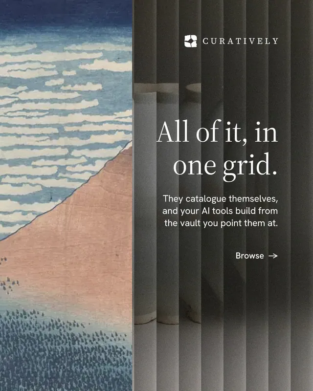 Instagram portrait post for Curatively: "All of it, in one grid." Minimal luxury style, right layout, dark palette in grey, black.