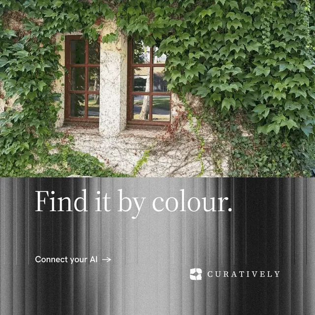 Instagram post for Curatively: "Find it by colour." Minimal luxury style, bottom layout, dark palette in grey, black, green.
