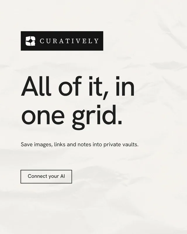 Instagram portrait post for Curatively: "All of it, in one grid." Editorial style, announce layout, light palette in white, grey.