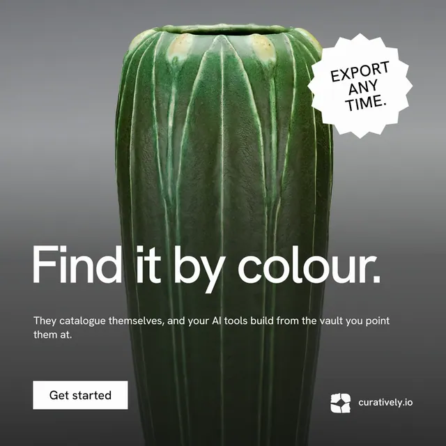 Instagram post for Curatively: "Find it by colour." Swiss style, sticker layout, dark palette in grey, black.