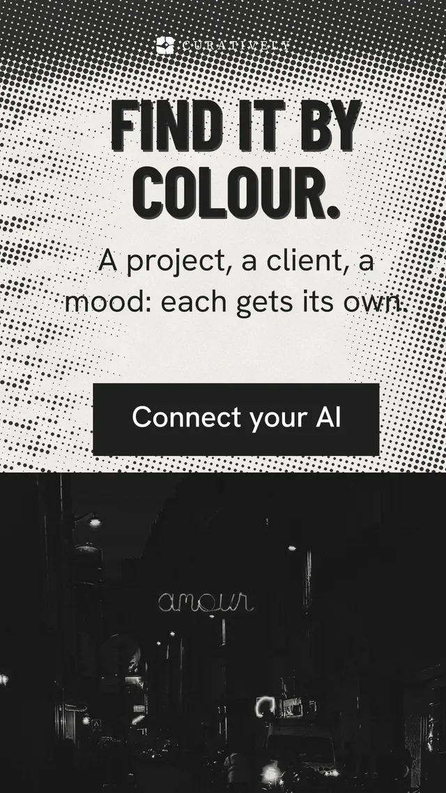 Instagram story for Curatively: "Find it by colour." Retro print style, skeleton layout, dark palette in white, black, grey.