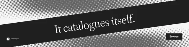 LinkedIn banner for Curatively: "It catalogues itself." Split block style, diagonal layout, dark palette in black, grey.