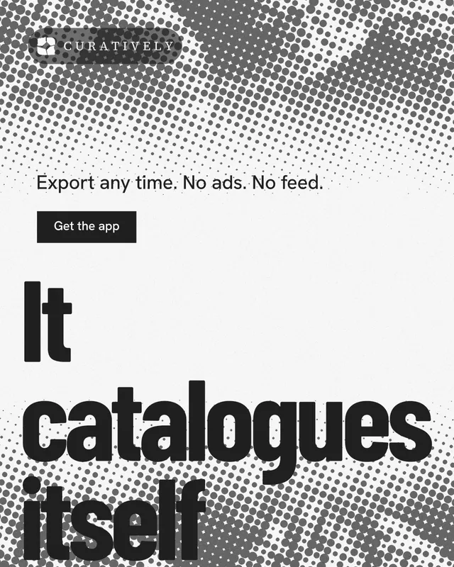 Instagram portrait post for Curatively: "Keep a vault for each thing you make." Retro print style, oversized layout, light palette in white, grey.