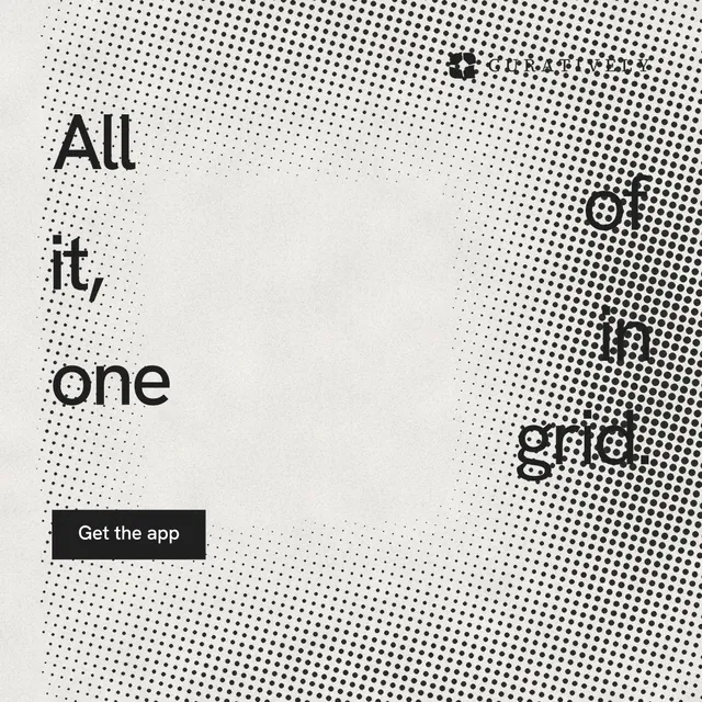 Instagram post for Curatively: "All of it, in one grid." Swiss style, stacked layout, light palette in grey, white.