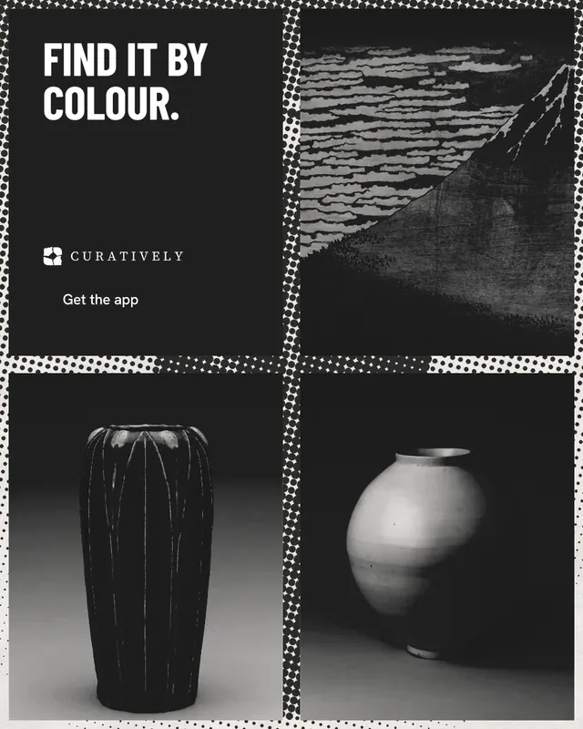 Instagram portrait post for Curatively: "Find it by colour." Retro print style, collage layout, dark palette in black, grey.