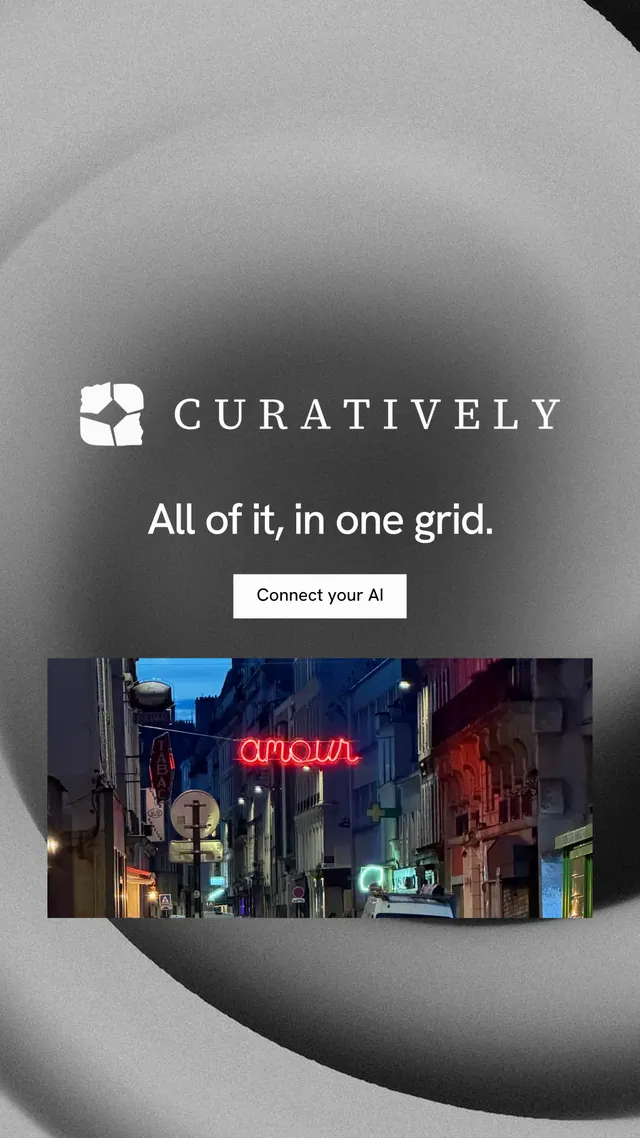 Instagram story for Curatively: "All of it, in one grid." Swiss style, logo hero layout, light palette in grey, black.