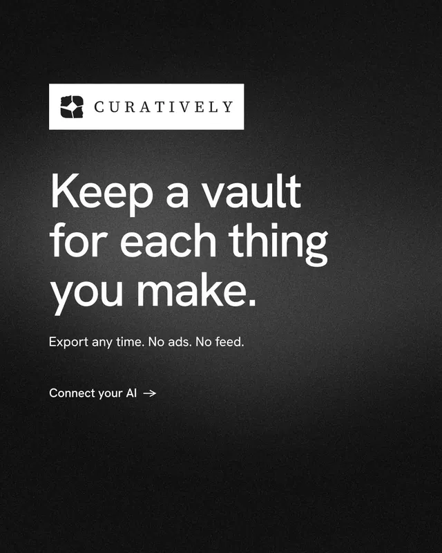 Instagram portrait post for Curatively: "Keep a vault for each thing you make." Minimal luxury style, announce layout, dark palette in black, grey.