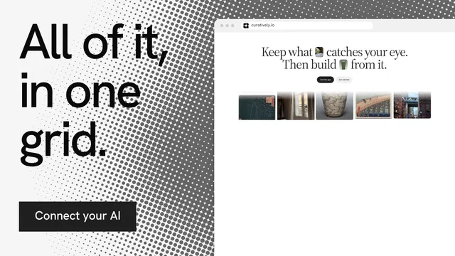 Landscape graphic for Curatively: "All of it, in one grid." Swiss style, browser layout, light palette in white, grey.