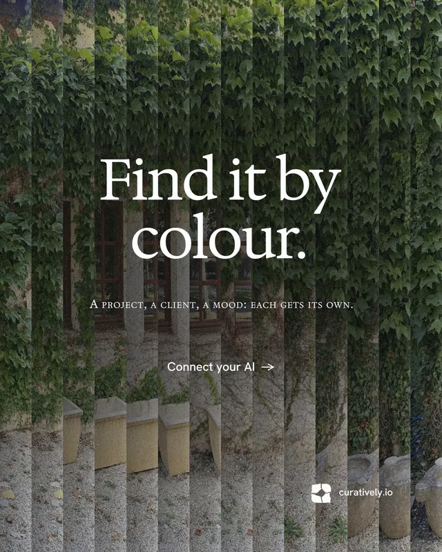 Instagram portrait post for Curatively: "Find it by colour." Minimal luxury style, smallcaps layout, dark palette in black, grey.