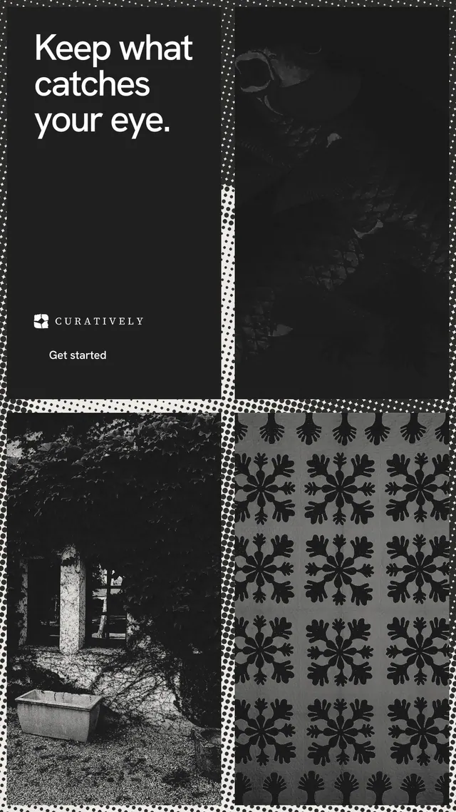 Instagram story for Curatively: "Keep what catches your eye." Swiss style, collage layout, dark palette in black, grey.