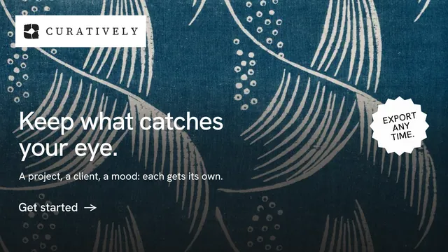 Landscape graphic for Curatively: "Keep what catches your eye." Minimal luxury style, sticker layout, dark palette in blue, black, grey.