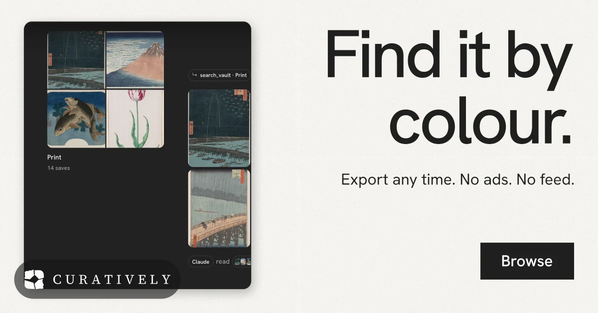 Social ad for Curatively: "Find it by colour." Swiss style, right layout, light palette in white, black, grey.