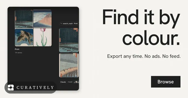 Social ad for Curatively: "Find it by colour." Swiss style, right layout, light palette in white, black, grey.