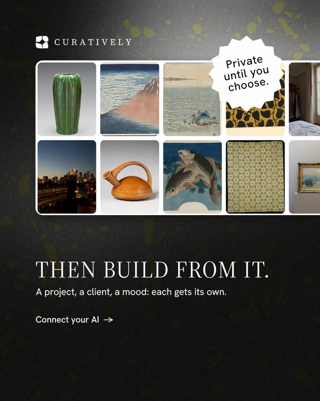 Instagram portrait post for Curatively: "Then build from it." Minimal luxury style, sticker layout, dark palette in black, grey.