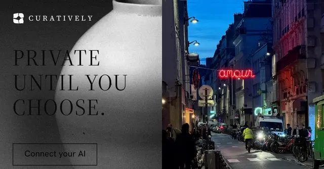 Social ad for Curatively: "Private until you choose." Editorial style, bottom layout, dark palette in grey, black.