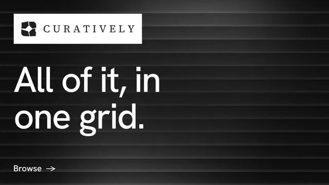 Landscape graphic for Curatively: "All of it, in one grid." Minimal luxury style, announce layout, dark palette in black, grey.