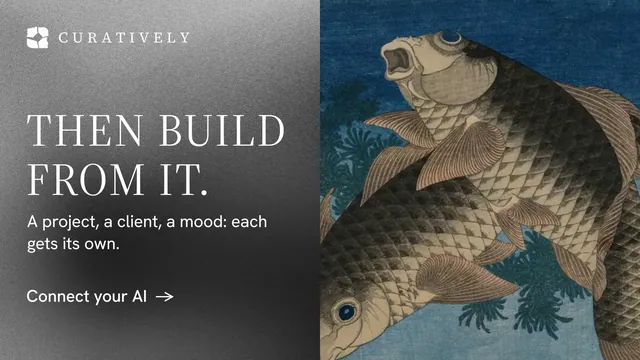 Landscape graphic for Curatively: "Then build from it." Minimal luxury style, bottom layout, dark palette in grey, black.
