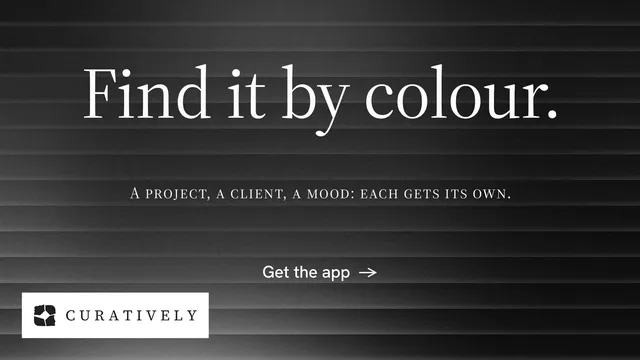 Landscape graphic for Curatively: "Find it by colour." Minimal luxury style, smallcaps layout, dark palette in black, grey.