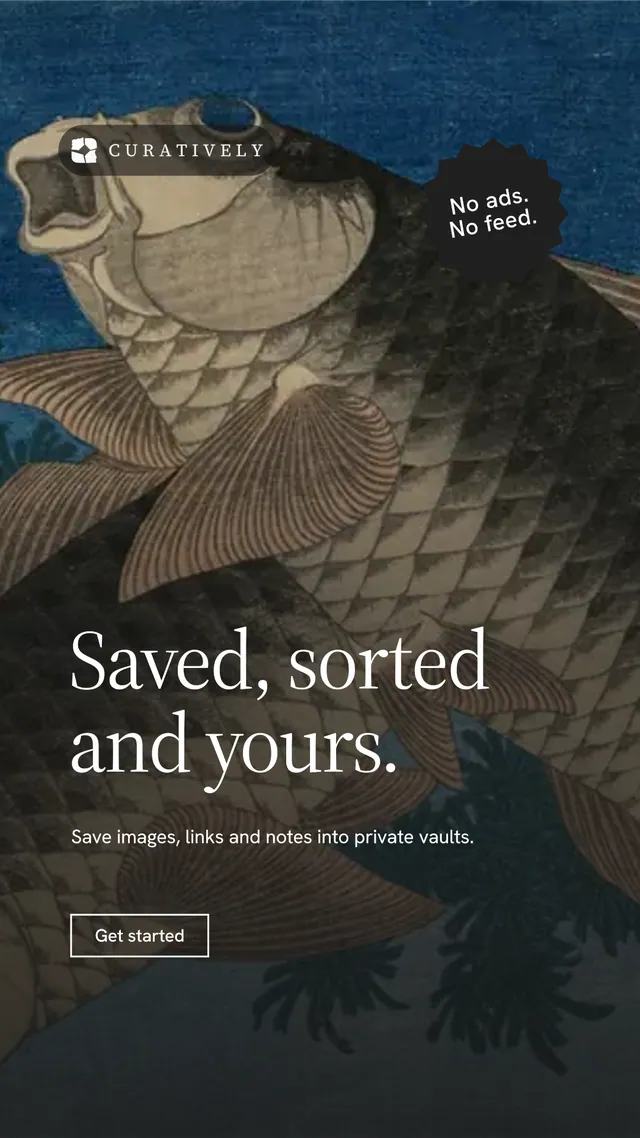 Instagram story for Curatively: "Saved, sorted and yours." Editorial style, sticker layout, dark palette in black, grey, blue.