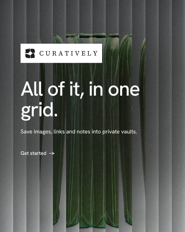 Instagram portrait post for Curatively: "All of it, in one grid." Minimal luxury style, announce layout, dark palette in black, grey.