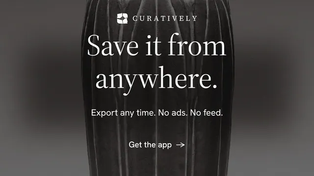 Landscape graphic for Curatively: "Save it from anywhere." Minimal luxury style, centred layout, dark palette in black, grey.