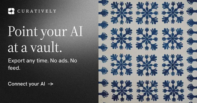 Social ad for Curatively: "Point your AI at a vault." Minimal luxury style, bottom layout, dark palette in grey, black, blue.