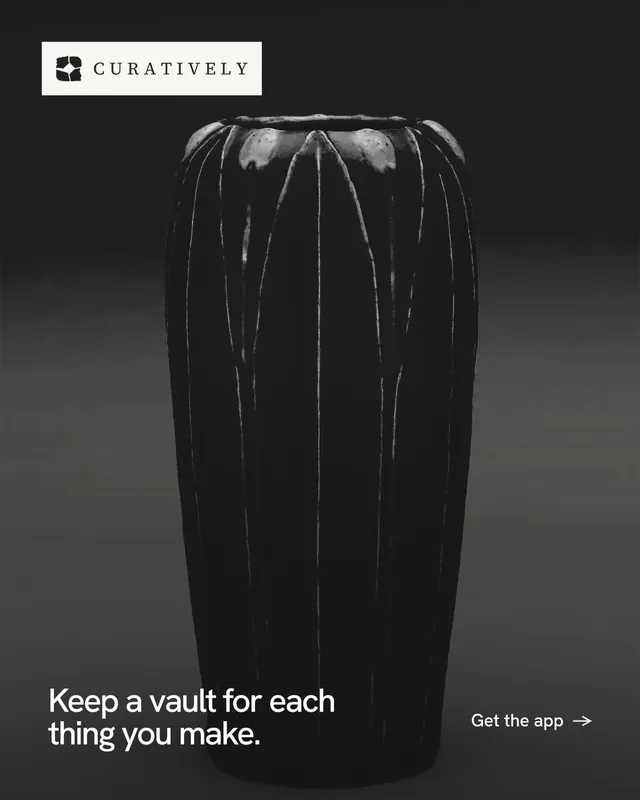 Instagram portrait post for Curatively: "Keep a vault for each thing you make." Swiss style, image led layout, dark palette in black, grey.