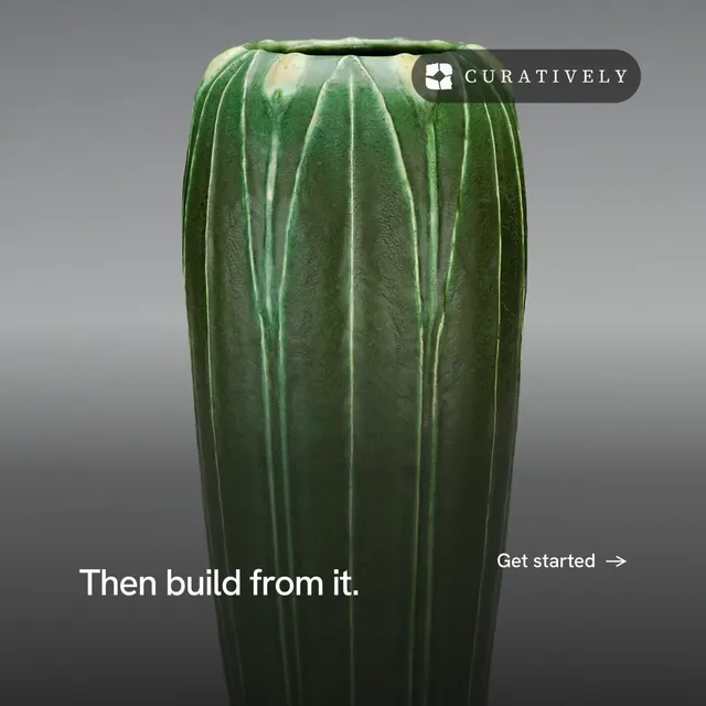 Instagram post for Curatively: "Then build from it." Minimal luxury style, image led layout, dark palette in grey, black.