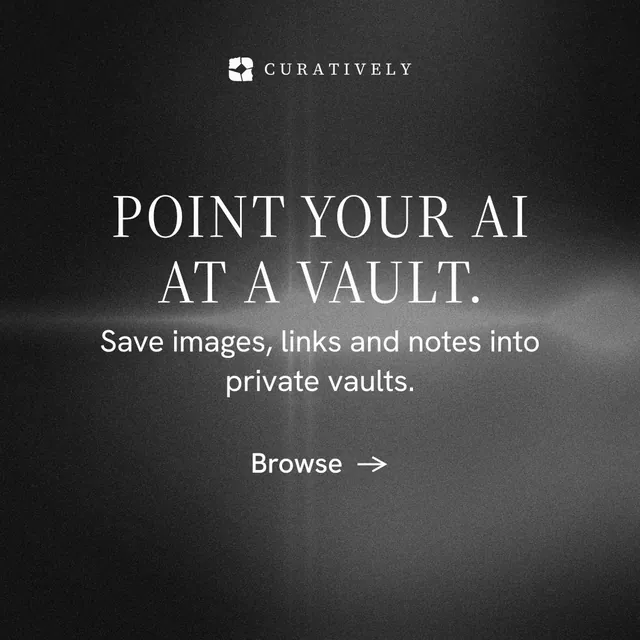 Instagram post for Curatively: "Point your AI at a vault." Minimal luxury style, skeleton layout, dark palette in black, grey.