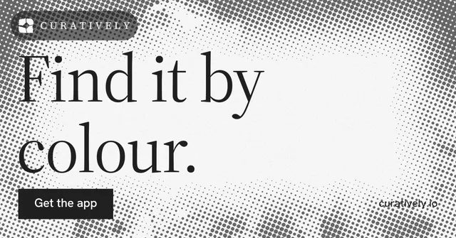 Social ad for Curatively: "Find it by colour." Split block style, poster layout, light palette in white, grey.