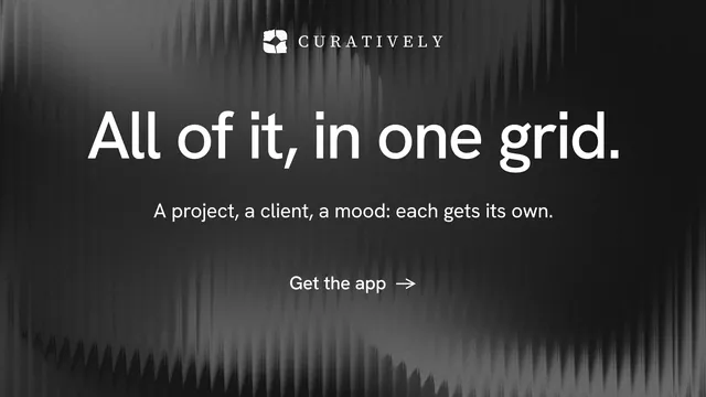 Landscape graphic for Curatively: "All of it, in one grid." Minimal luxury style, centred layout, dark palette in black, grey.