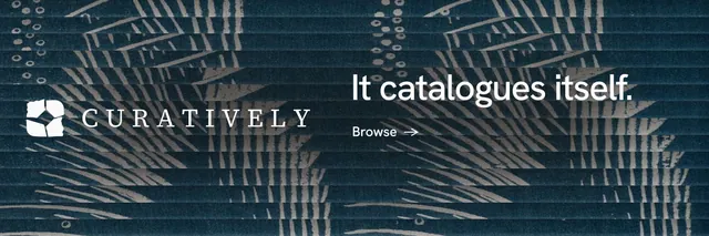 X header for Curatively: "It catalogues itself." Minimal luxury style, logo hero layout, dark palette in blue, grey.