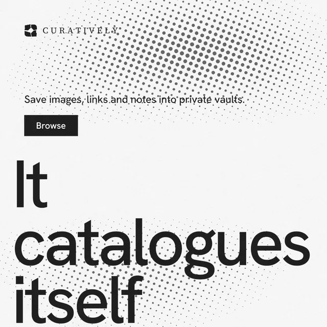 Instagram post for Curatively: "Saved, sorted and yours." Swiss style, oversized layout, light palette in white, grey.