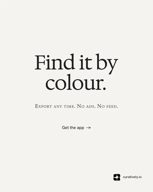 Instagram portrait post for Curatively: "Find it by colour." Swiss style, smallcaps layout, light palette in white.