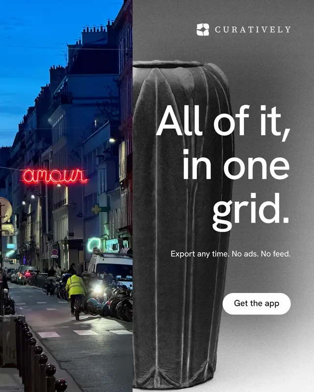 Instagram portrait post for Curatively: "All of it, in one grid." Photo poster style, right layout, dark palette in grey, blue, black.